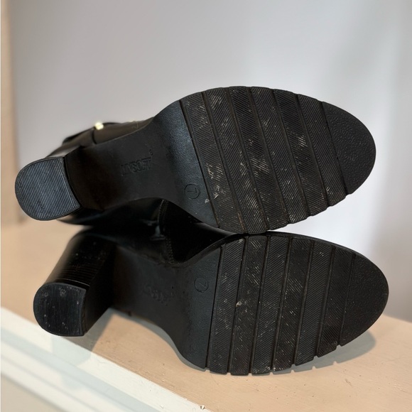 MySoft Heeled Boots Stacked Heel Black Gold Buckles Womens Size 7 Worn Once - Picture 7 of 11